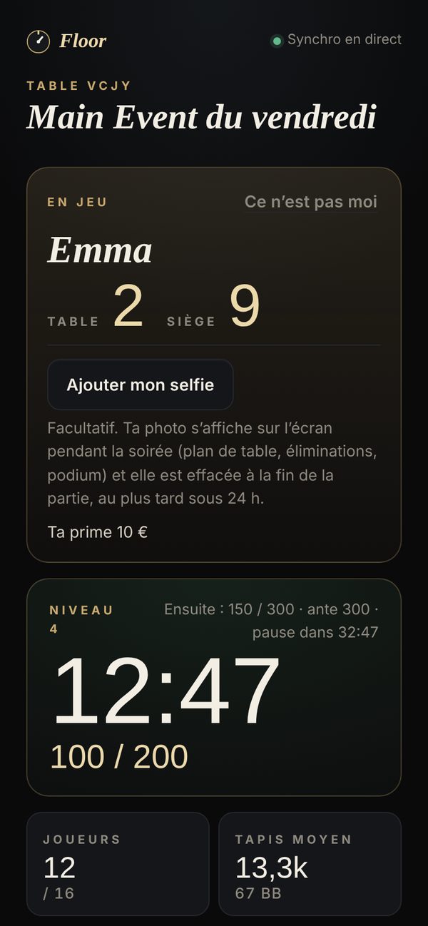 Vue joueur Floor : table, siège et chrono sur téléphone